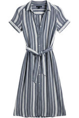 Banana Republic Womens Navy‎ White Striped Linen Rayon Midi Shirt Dress Size 4 Photo 0