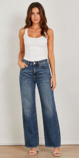 AYR $225 The Bomb Pop Women's W26 Blue Denim Jeans Med Wash Raw Hem Straight Leg Photo 0
