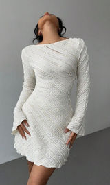 Pure White Textured Asymmetric Off-Shoulder Long Sleeve Dress Photo 0