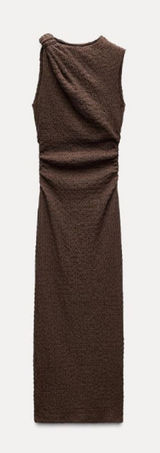 Zara Expresso Brown Textured Knot Ruched Side Maxi Dress LARGE Modest‎ Preppy Photo 0