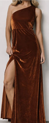 Baltic Born Tatiana Rust Brown Velvet Formal Bridesmaid One Shoulder Maxi Dress Photo 0