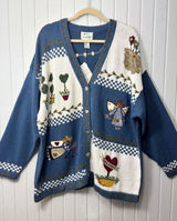 Quacker Factory Blue Garden Angel Embroidered Cardigan Sweater‎ 2X Heart Buttons Photo 0