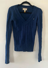 Vintage Y2K American Eagle Cable Knit Ribbed V Neck Sweater Small Blue Preppy Photo 0