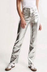 Abercrombie & Fitch 90's Straight Ultra High Rise Vegan Leather Pants Silver‎ 28 Photo 0