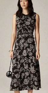 J.Crew Veranda Dress Size 12 Black Floral Midi Sleeveless Ruched Waist Boho Photo 0