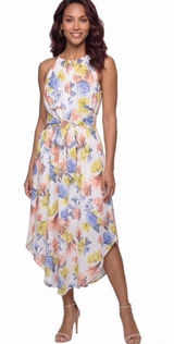 NSR Floral High-Low Midi Dress With Slit Back, Attached Tie, Made in USA Small Photo 0