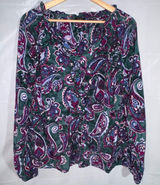 Talbots Womens Large Paisley Ruffle V-Neck Blouse Green Purple Long Sleeve Top Photo 0
