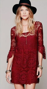 Free People Lace Mini Dress Small Burgundy Boho Bell‎ Sleeve Festival Wedding Photo 0
