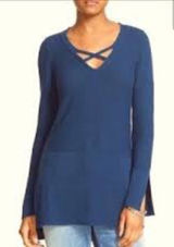 *Free People Teal Green Crisscross V-Neck Knit Medium Tunic Sweater #QB Photo 0