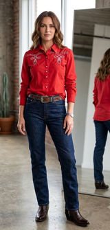 Wrangler western cowgirl vibrant red shirt embroidery rhinestone detail Medium Photo 0