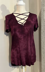 American Eagle Soft & Sexy Tagless Crisscross Short Sleeve Top Burgundy Tie Dye Photo 0