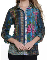 John Mark women's mixed-print button-front tunic‎ Size Large Silky Floral Boho Photo 0