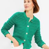 LOFT Women’s Green Chunky Crochet Cardigan Long Sleeve Sweater with Gold Buttons Photo 0