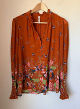 Anthropologie Floral Bird Print Ruffle Neck Blouse Orange Boho Size M Photo 0