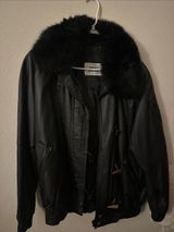 Vintage Black Leather Bomber Jacket with possum fur collar size medium Photo 0