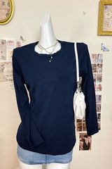 Lauren Ralph Lauren Dark Navy Blue Long Sleeve Crew Neck Knit Top with RL Monogr Photo 0