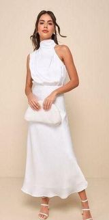 NWOT Lulus Distinctive Charm White Satin Asymmetrical Midi Dress Wedding Size S Photo 0