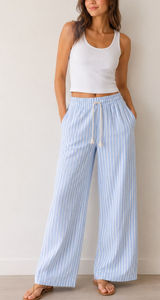 Source Unknown Blue & White Striped Cotton Wide Leg Beach Pants Size Small Photo 0