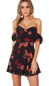 White Fox Black Red Floral Rose Off Shoulder Mini Dress Bustier‎ Large L Photo 0