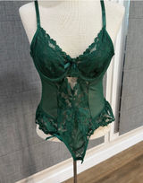 Lilosy NEW Medium Lace Bodysuit Emerald Green Floral Lace With Garter Belt Thigh Photo 0
