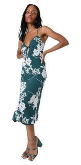 Lulu’s Flirtatious Essence Emerald Green Floral Lace Up Midi Dress US XS Photo 0