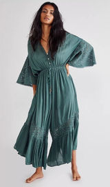 Free People Angela Jumpsuit Dried Pine Crochet Jumper Large Flowy Bohemian Photo 0
