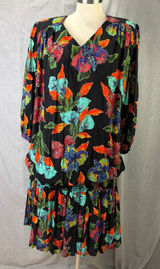 Vintage Sharon Anthony Black Floral Drop Waist Dress Made‎ in USA 16W 80s Photo 0