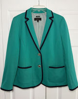 Talbots Aberdeen Knit Blazer Womens Size 10 Green Navy Trim Career Cotton Blend Photo 0