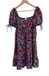 Pepper Floral Puff Sleeve Mini Dress Blue Red Smocked Back Coquette Size L Photo 0