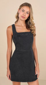 NWT Lulus So Delighted Washed Black Denim Corset Seam Mini Dress LBD Party Sz S Photo 0