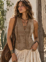 Vintage Boho Large Leather Vest Suede Front Satin Back Cinch Tan Camel Festival Photo 0