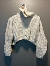 Chunky Cable Knit Crop Turtleneck Sweater Cream Ivory Oversized Popcorn Stitch Photo 0