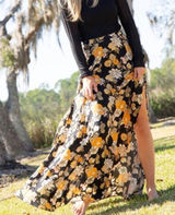 Natural Life Floral Maxi Skirt XS Black Orange Boho Hippie Cottagecore Slit Photo 0