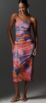 Anthropologie The Soleil Slim Strapless Ruched Mesh Midi‎ Dress Pink Abstract Photo 0