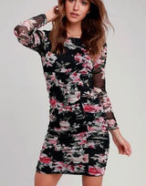 Lulus Ayana Black Pink Floral Ruched Mesh‎ Bodycon Dress SMALL Photo 0