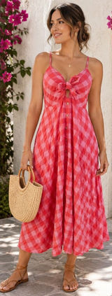 Free People Via Gingham Tie Front Midi Dress Womens Medium Pink Red Photo 0