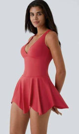 NWT Halara‎ Deep V Neck Racerback 2-in-1 Pocket Flare Mini Casual Dress RED Photo 0