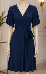 Adrianna Papell Womens Dress Navy Blue Faux Wrap Flutter Sleeve Size 0 Photo 0