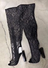 Bamboo Black Floral Lace Thigh High Peep Toe Block Heel Boots Size 7 EU 37 Photo 0