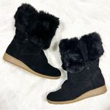 Lands End Black Suede Faux Fur Trim Winter Wedge Boots 420483 US 7B Photo 0