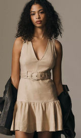 Maeve By Anthropologie V Neck Belted Drop Waist Mini Dress Tan US 6 NWT Photo 0