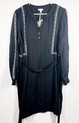 Garnet Hill NWT Black Embroidered Long Sleeve Tie Waist‎ Dress Photo 0