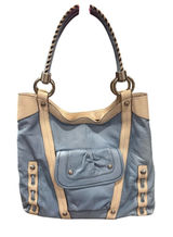 B. Makowsky Blue and Cream Shoulder leather laptop message Bag leopard lining Photo 0