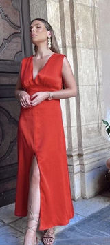 NEW Zara Red Satin Silk Sleeveless Deep V Neck Slit Cutout Back Maxi Dress Sz L Photo 0