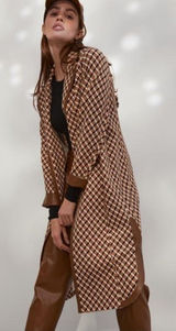 Marc‎ Cain Graphic Print Faux Leather Trim Belted Longline Coat Photo 0