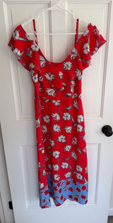 London Times Size 6 Red Floral Cold Shoulder Ruffle Maxi Dress Photo 0