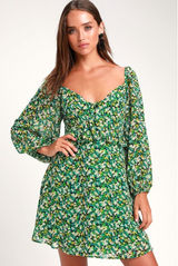 Lulus Forsythia Green Floral‎ Print Long Sleeve Tie-Front Women's Dress Large Photo 0