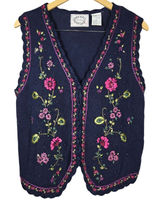 Erika‎ Vintage Navy Blue Embroidered Floral Ribbon Beaded Knit Vest Medium Photo 0