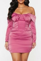 PrettyLittleThing Pink‎ Satin Drape Bardot Sleeve Ruched Back Bodycon Dress 16 Photo 0