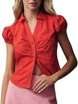 Anthropologie Maeve Red Short Puff Sleeve Ruched Blouse L Photo 0
